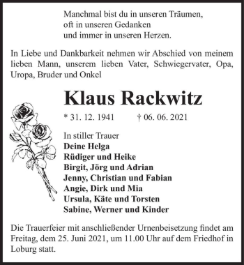 Traueranzeige von Klaus Rackwitz  von Magdeburger Volksstimme