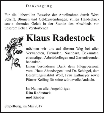 Traueranzeige von Klaus Radestock  von Magdeburger Volksstimme