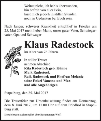 Traueranzeige von Klaus Radestock  von Magdeburger Volksstimme