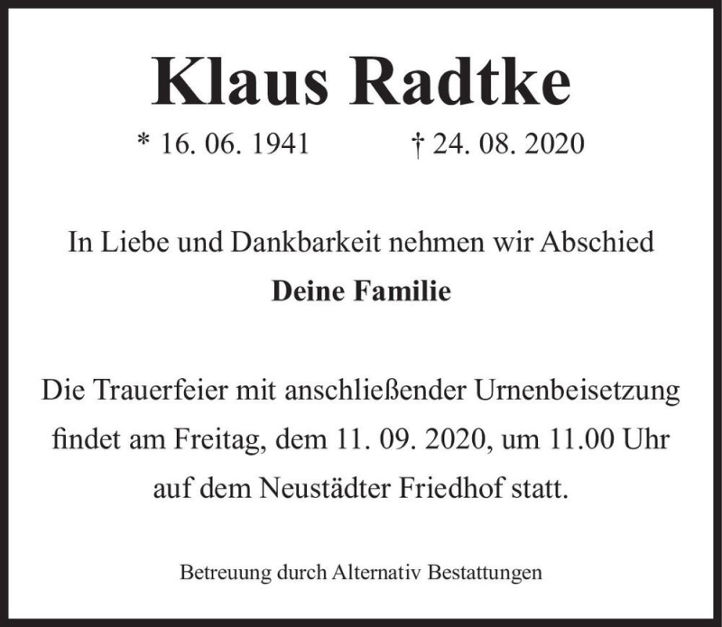  Traueranzeige für Klaus Radtke  vom 05.09.2020 aus Magdeburger Volksstimme