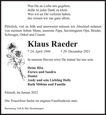 Traueranzeige von Klaus Raeder  von Magdeburger Volksstimme