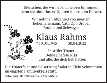 Traueranzeige von Klaus Rahms  von Magdeburger Volksstimme