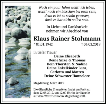Traueranzeige von Klaus Rainer Stohmann  von Magdeburger Volksstimme