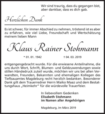 Traueranzeige von Klaus Rainer Stohmann  von Magdeburger Volksstimme