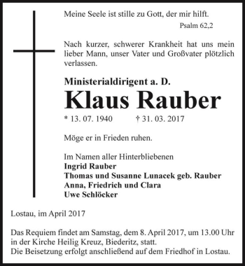 Traueranzeige von Klaus Rauber  von Magdeburger Volksstimme