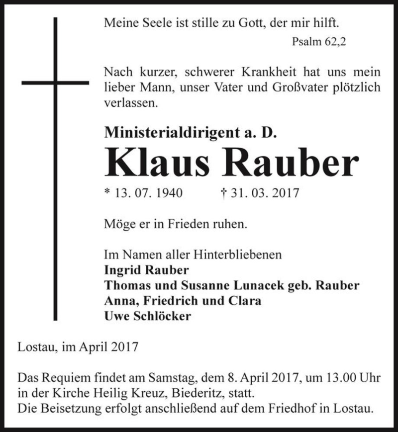  Traueranzeige für Klaus Rauber  vom 04.04.2017 aus Magdeburger Volksstimme