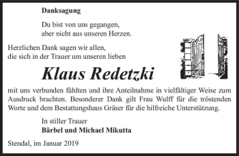 Traueranzeige von Klaus Redetzki  von Magdeburger Volksstimme
