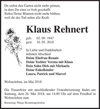 Traueranzeige von Klaus Rehnert  von Magdeburger Volksstimme