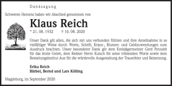 Traueranzeige von Klaus Reich  von Magdeburger Volksstimme