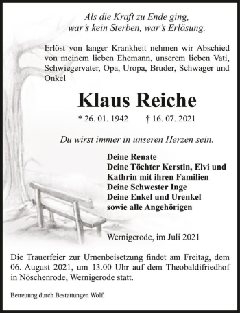 Traueranzeige von Klaus Reiche  von Magdeburger Volksstimme
