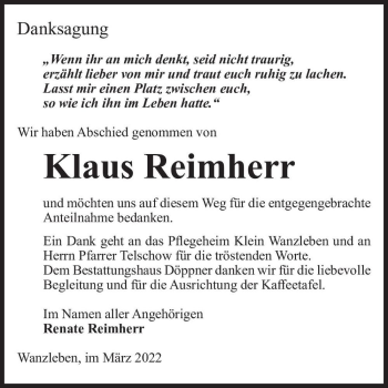 Traueranzeige von Klaus Reimherr  von Magdeburger Volksstimme