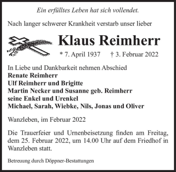 Traueranzeige von Klaus Reimherr  von Magdeburger Volksstimme