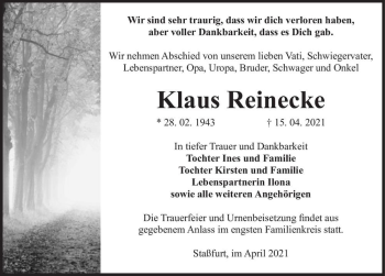 Traueranzeige von Klaus Reinecke  von Magdeburger Volksstimme