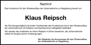 Traueranzeige von Klaus Reipsch  von Magdeburger Volksstimme