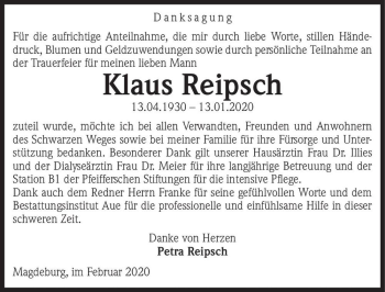 Traueranzeige von Klaus Reipsch  von Magdeburger Volksstimme