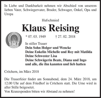Traueranzeige von Klaus Reising  von Magdeburger Volksstimme
