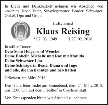 Traueranzeige von Klaus Reising  von Magdeburger Volksstimme