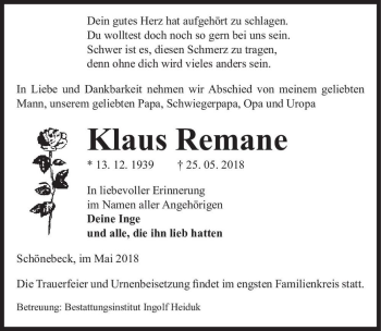 Traueranzeige von Klaus Remane  von Magdeburger Volksstimme