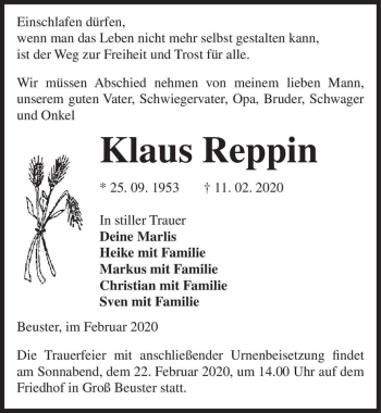 Traueranzeige von Klaus Reppin  von Magdeburger Volksstimme