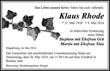 Traueranzeige von Klaus Rhode  von Magdeburger Volksstimme