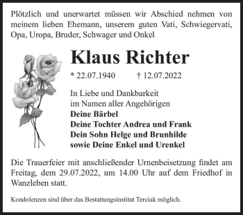 Traueranzeige von Klaus Richter  von Magdeburger Volksstimme