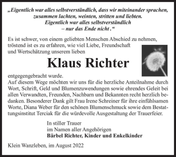 Traueranzeige von Klaus Richter  von Magdeburger Volksstimme