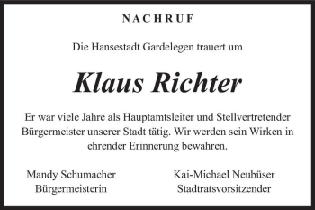 Traueranzeige von Klaus Richter  von Magdeburger Volksstimme