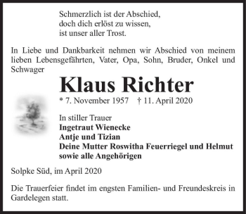 Traueranzeige von Klaus Richter  von Magdeburger Volksstimme