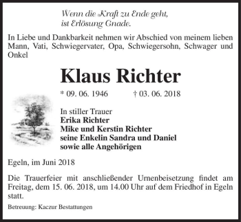 Traueranzeige von Klaus Richter  von Magdeburger Volksstimme