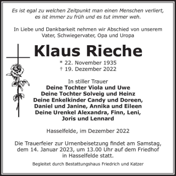 Traueranzeige von Klaus Rieche  von Magdeburger Volksstimme
