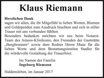 Traueranzeige von Klaus Riemann  von Magdeburger Volksstimme
