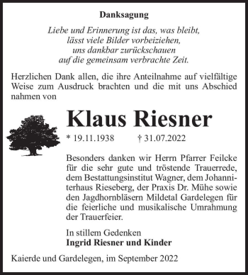 Traueranzeige von Klaus Riesner  von Magdeburger Volksstimme