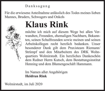 Traueranzeige von Klaus Rink  von Magdeburger Volksstimme