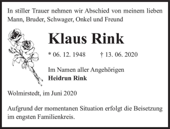 Traueranzeige von Klaus Rink  von Magdeburger Volksstimme