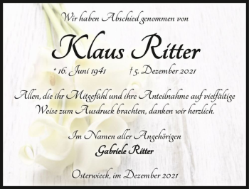 Traueranzeige von Klaus Ritter  von Magdeburger Volksstimme