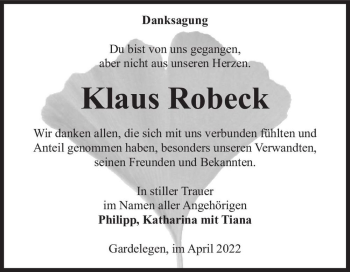 Traueranzeige von Klaus Robeck  von Magdeburger Volksstimme