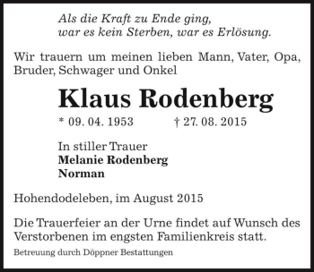Traueranzeige von Klaus Rodenberg  von Magdeburger Volksstimme