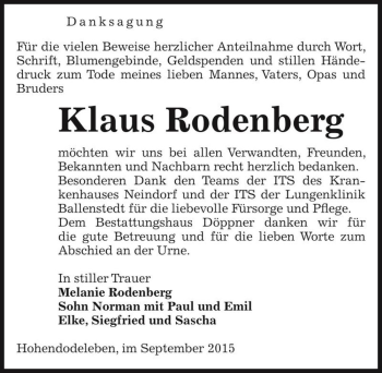 Traueranzeige von Klaus Rodenberg  von Magdeburger Volksstimme
