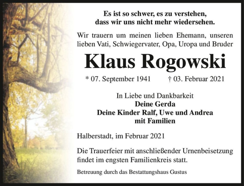  Traueranzeige für Klaus Rogowski  vom 06.02.2021 aus Magdeburger Volksstimme
