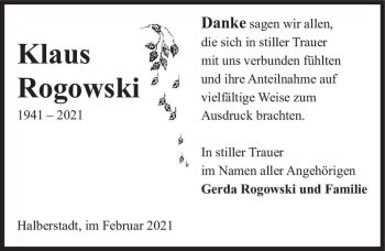 Traueranzeige von Klaus Rogowski  von Magdeburger Volksstimme