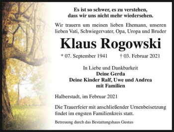 Traueranzeige von Klaus Rogowski  von Magdeburger Volksstimme