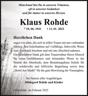 Traueranzeige von Klaus Rohde  von Magdeburger Volksstimme