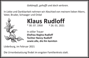 Traueranzeige von Klaus Rudloff  von Magdeburger Volksstimme
