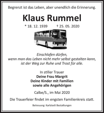 Traueranzeige von Klaus Rummel  von Magdeburger Volksstimme