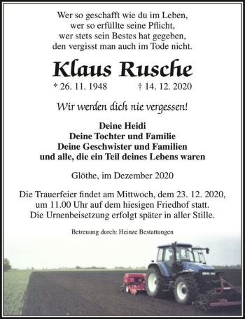 Traueranzeige von Klaus Rusche  von Magdeburger Volksstimme