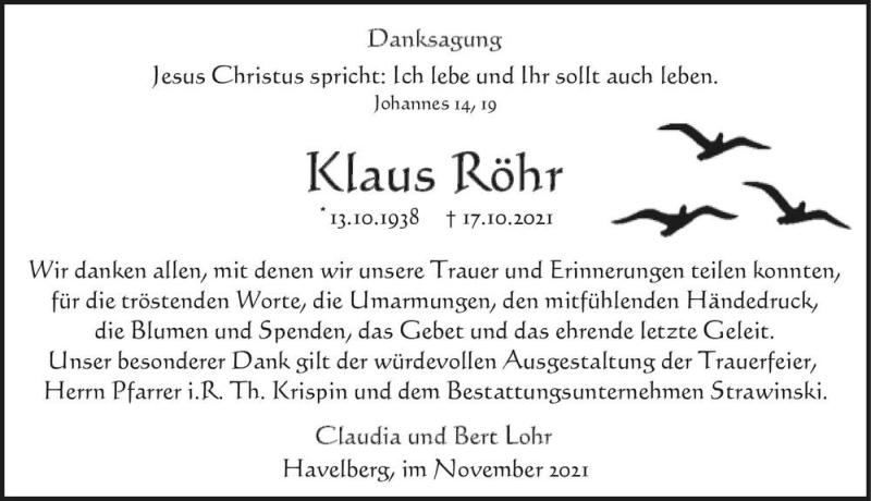  Traueranzeige für Klaus Röhr  vom 02.12.2021 aus Magdeburger Volksstimme