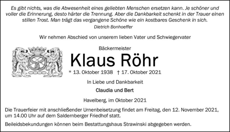  Traueranzeige für Klaus Röhr  vom 23.10.2021 aus Magdeburger Volksstimme