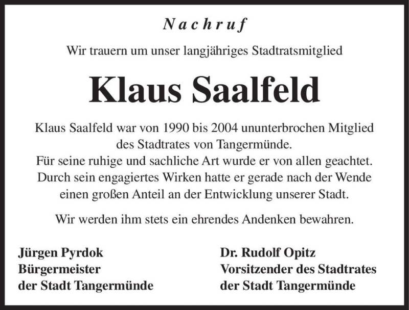  Traueranzeige für Klaus Saalfeld  vom 19.01.2021 aus Magdeburger Volksstimme