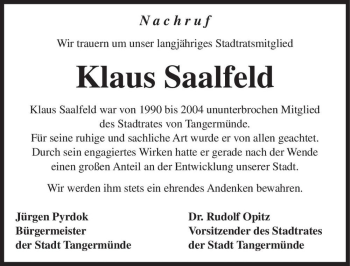 Traueranzeige von Klaus Saalfeld  von Magdeburger Volksstimme