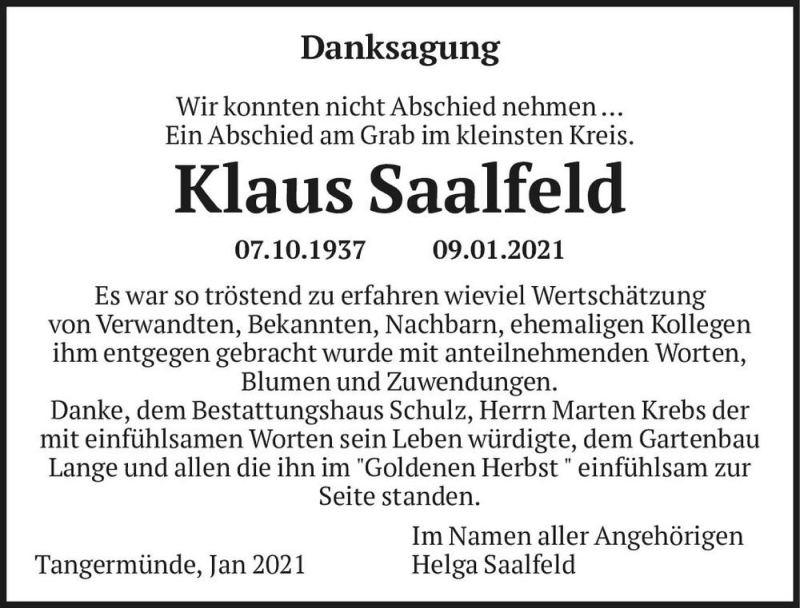 Traueranzeige für Klaus Saalfeld  vom 06.02.2021 aus Magdeburger Volksstimme